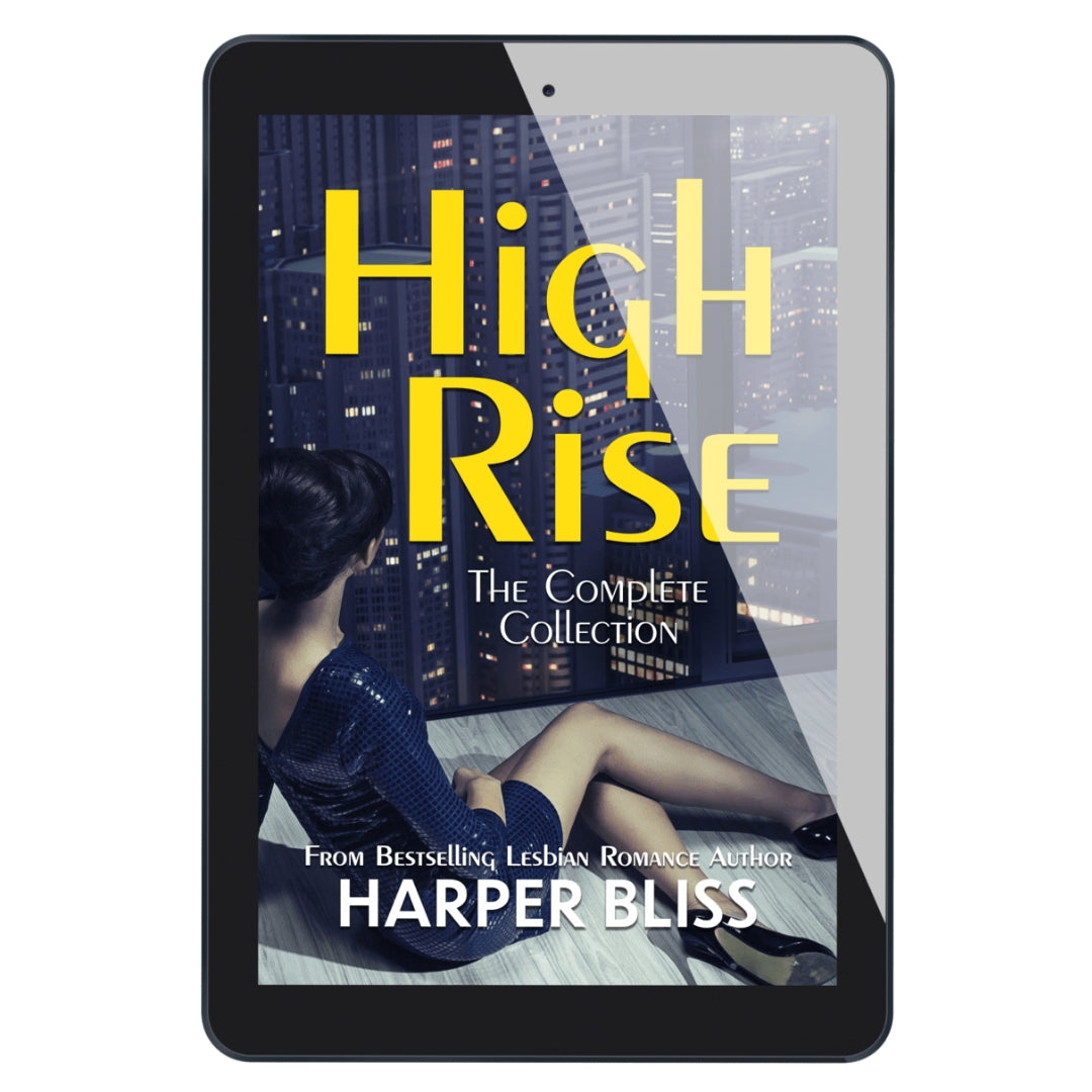 Tablet displaying the cover of 'High Rise: The Complete Collection' by Harper Bliss with a cityscape and woman in a blue dress.