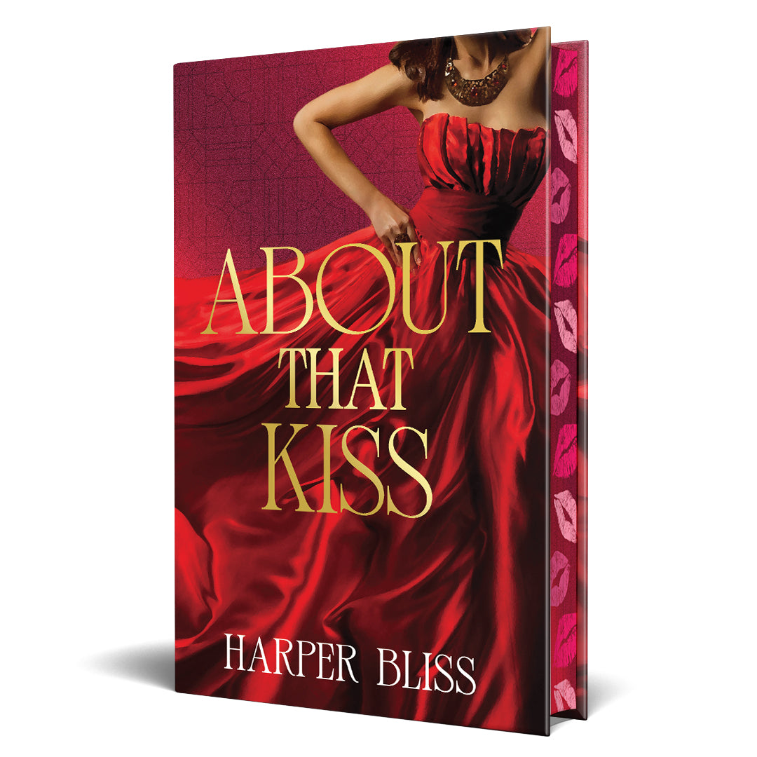 E-book mockup showing the cover “Once in a Lifetime” by Harper Bliss with a gold “Deluxe edition with bonus materials” sticker and a city skyline photo.