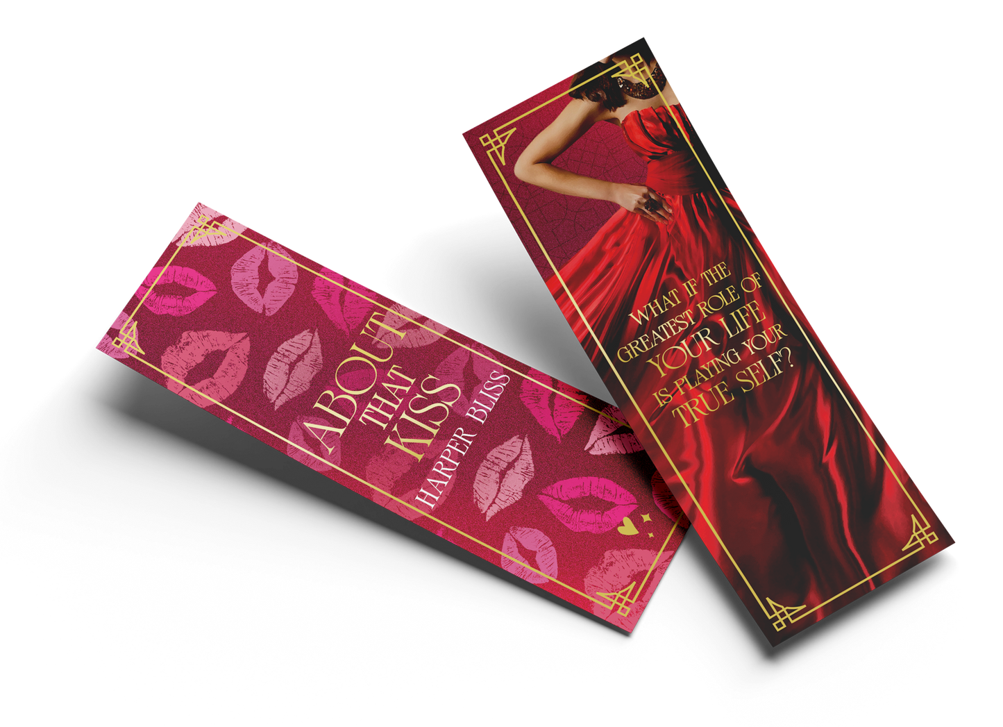 Two “About That Kiss” bookmarks on a black background, one with a pink lips pattern and one with a red dress design and a gold quote.