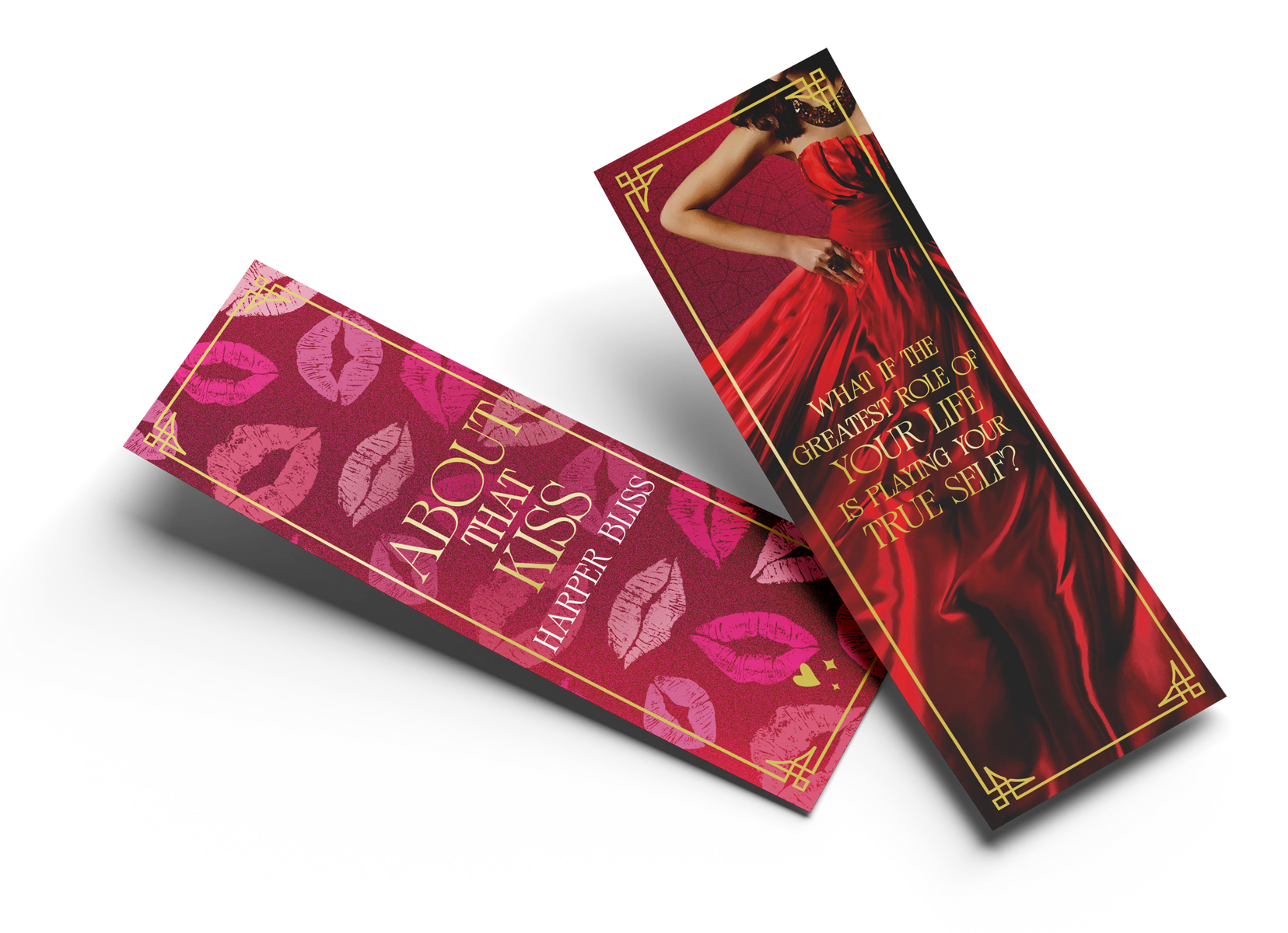 Two “About That Kiss” bookmarks on a black background, one with a pink lips pattern and one with a red dress design and a gold quote.