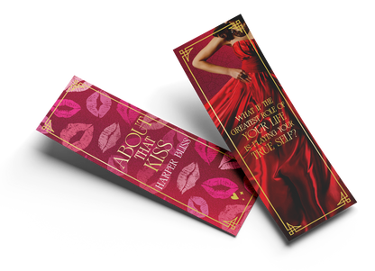 Two “About That Kiss” bookmarks on a black background, one with a pink lips pattern and one with a red dress design and a gold quote.