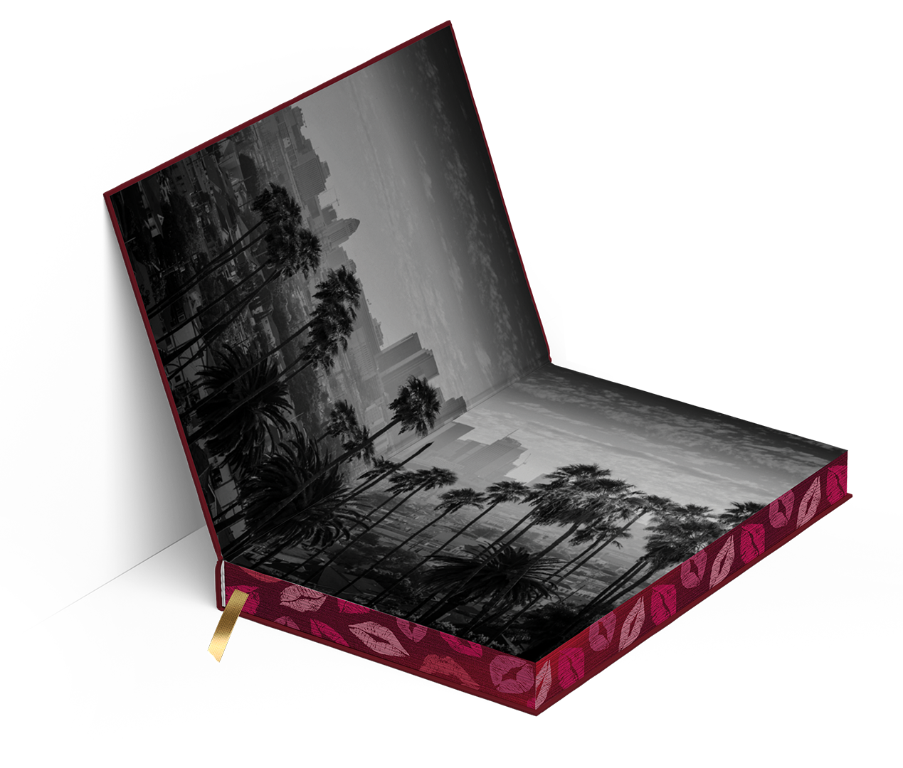 Mockup of the “About That Kiss” special edition showing the inside endpapers with a black-and-white city and palm tree photo spread.