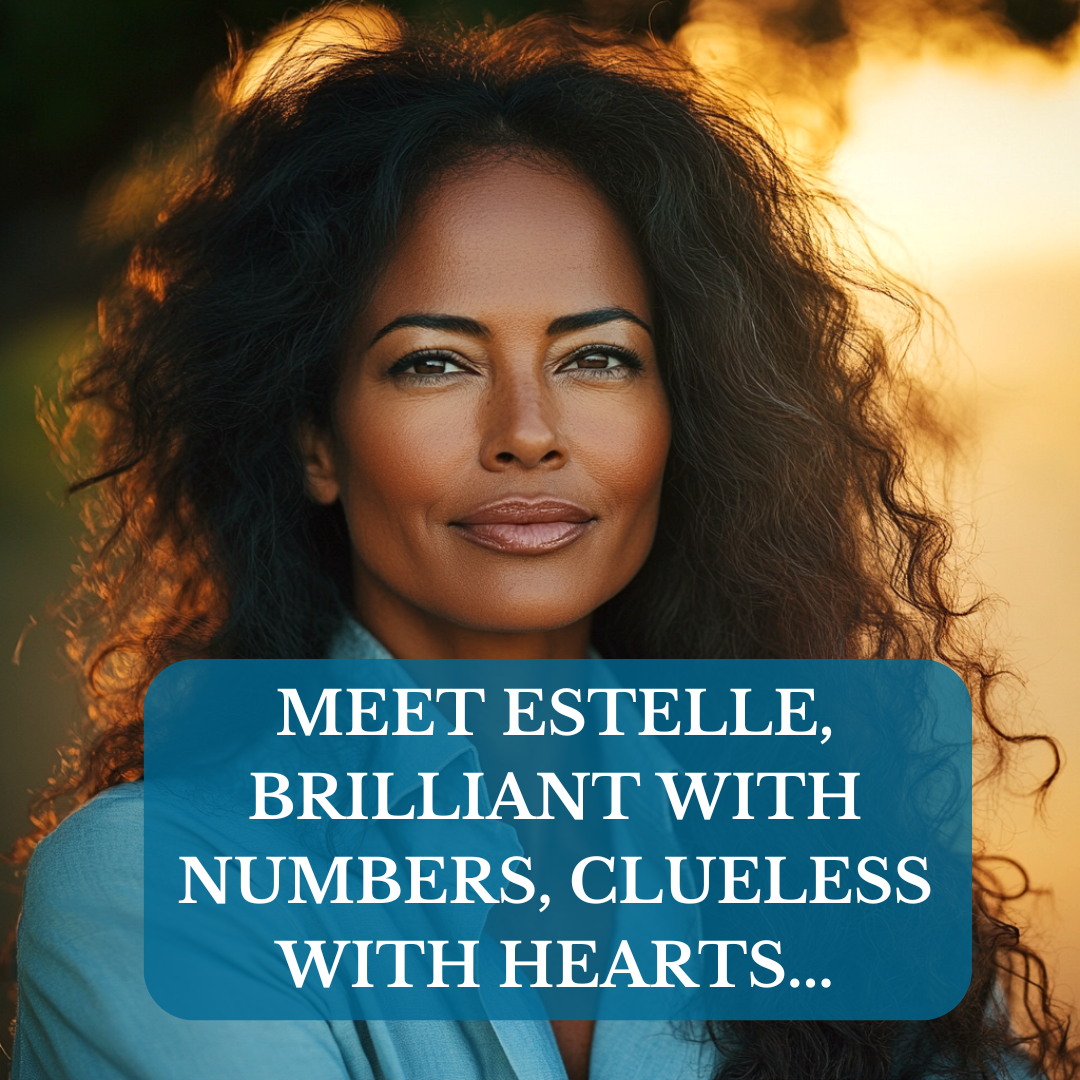 Estelle, a character from Harper Bliss's novel This Is Who I Am. Estelle is a confident, elegant black woman with long dark curls. In front of her is a text box with the text: “Meet Estelle, brilliant with numbers, clueless with hearts…"