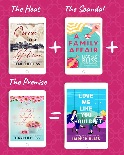 A pink background with a formula containing books by Harper Bliss: The Heat with a tablet showing "Once in a Lifetime" + The Scandal with a tablet showing "A Family Affair" + The Premise with a tablet showing "At First Sight" = a tablet showing "Love Me Like You Shouldn't".