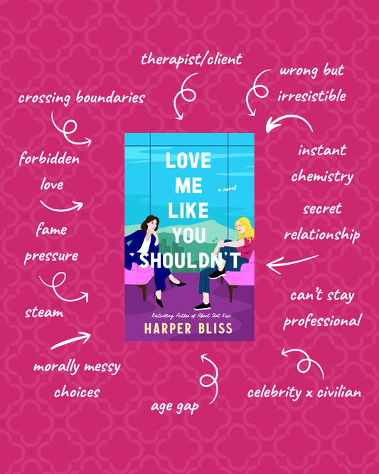 Book cover of 'Love Me Like You Shouldn't' by Harper Bliss with thematic keywords on a pink background: therapist/client; crossing boundaries; forbidden love; fame pressure; steam; morally messy choices; age gap; celebrity x civilian; can't stay professional; secret relationship; instant chemistry; wrong but irresistible.