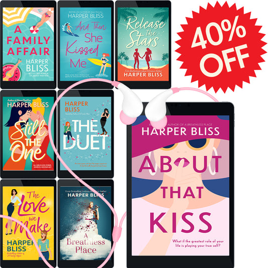 The BlissVerse Audiobook Bundle, 8 tablets each showing the cover of one book. A set of pink headphones is draped around one of the covers. The books shown are About That Kiss, A Family Affair, And Then She Kissed Me, Still the One, The Duet, The Love We Make, Release the Stars and A Breathless Place. In the top right corner of the image is a red star sticker with the white text "40% OFF".