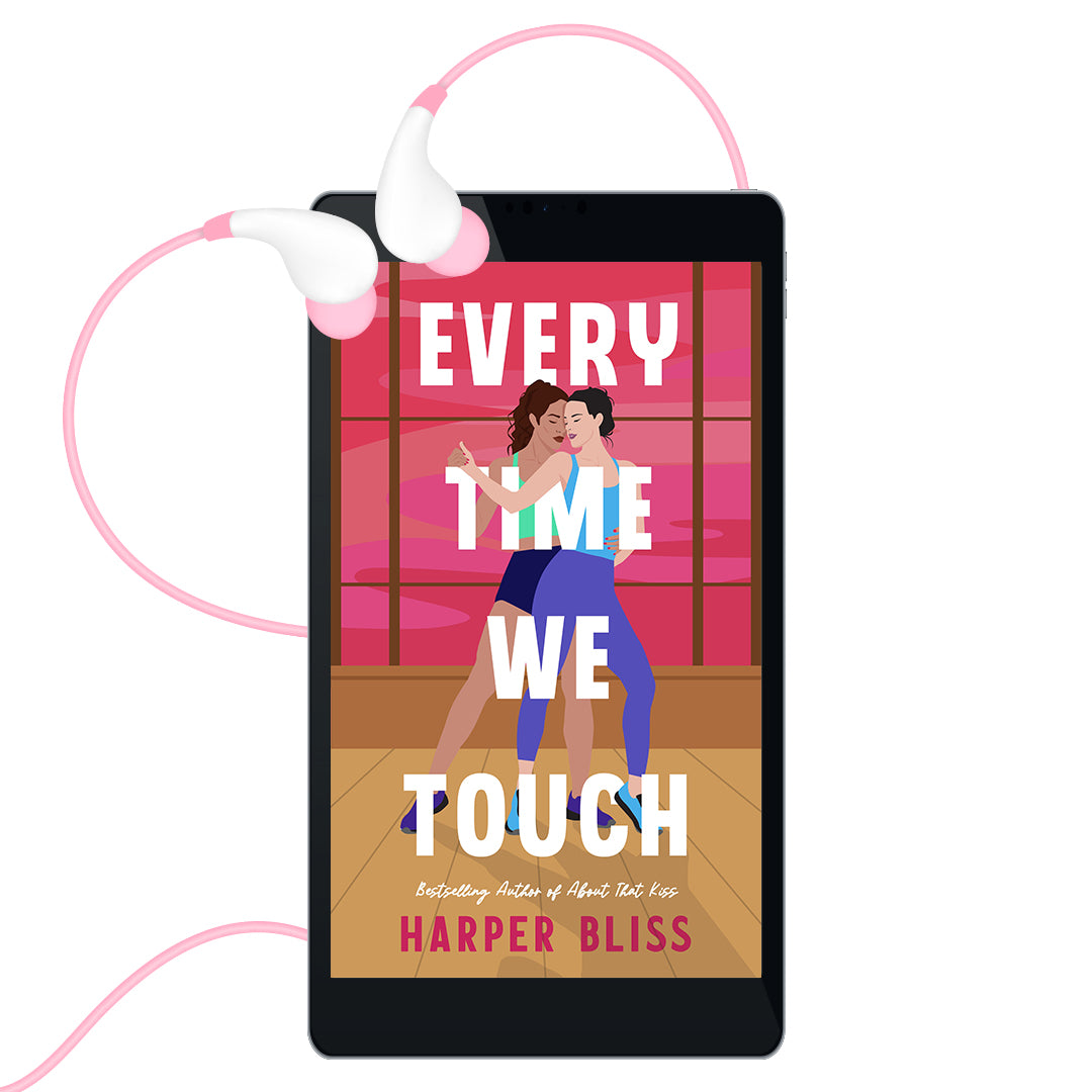 A phone showing the cover of Every Time We Touch by Harper Bliss. Draped around the phone are pink earbuds.