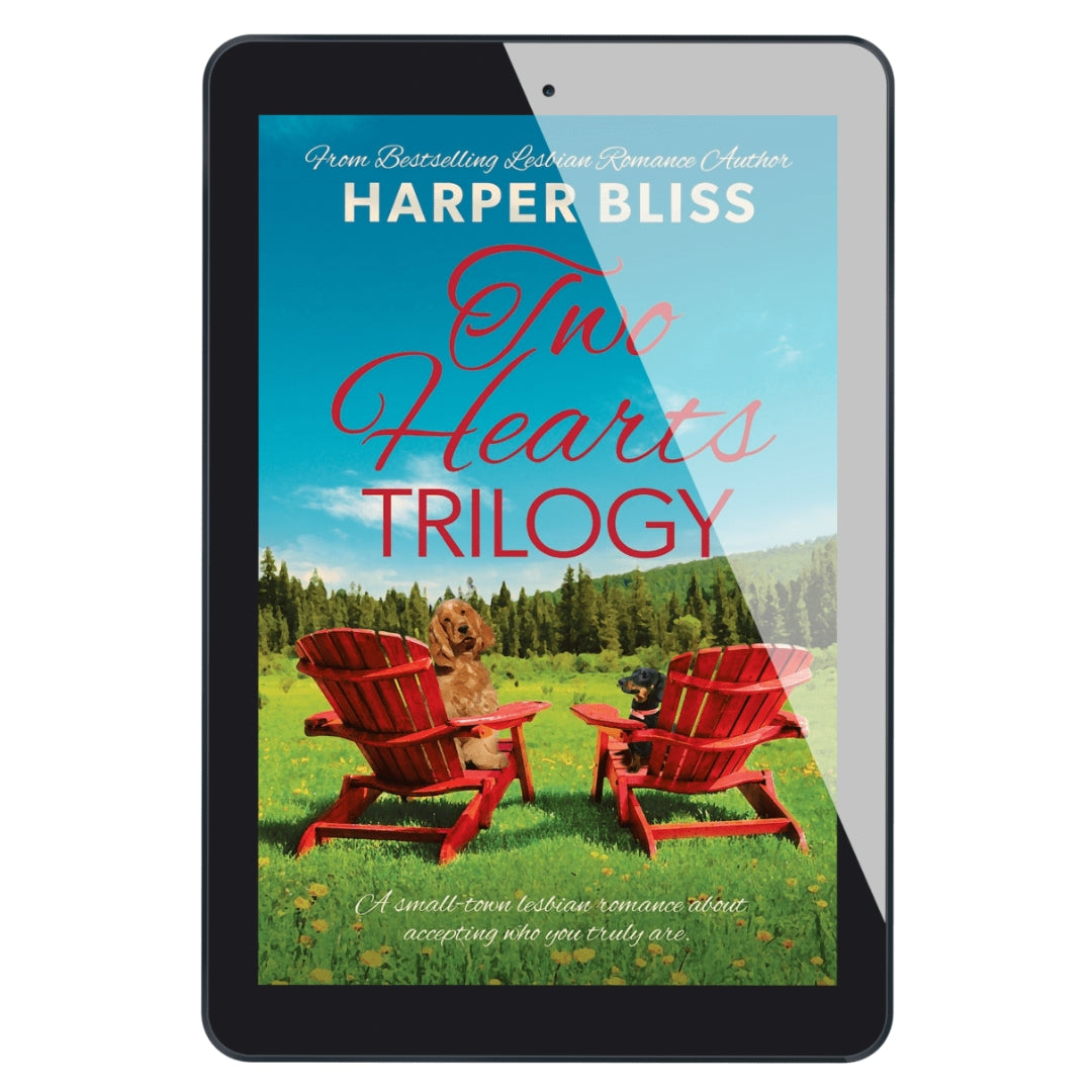 Ebook cover of 'Two Hearts Trilogy' by Harper Bliss on a tablet screen.
