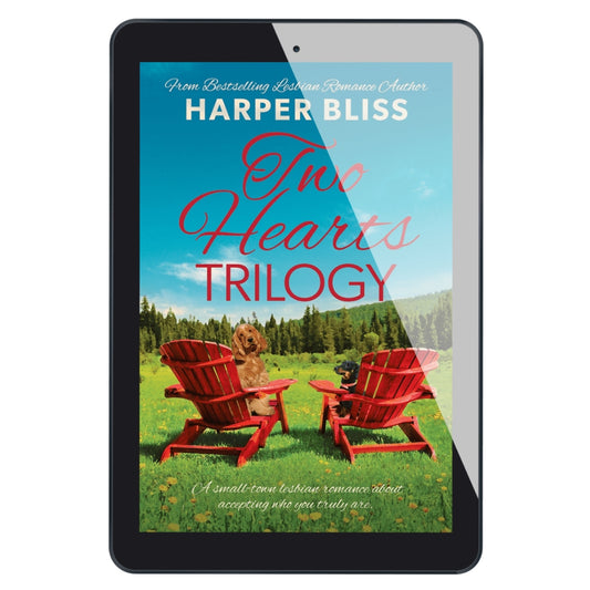 Ebook cover of 'Two Hearts Trilogy' by Harper Bliss on a tablet screen.